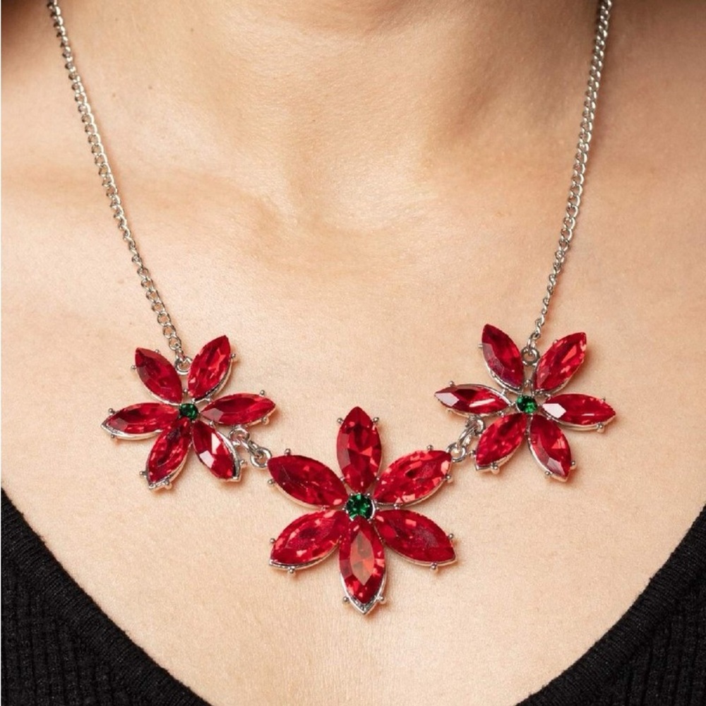 Elegant Red Poinsetta Necklace.  Great for the Holidays